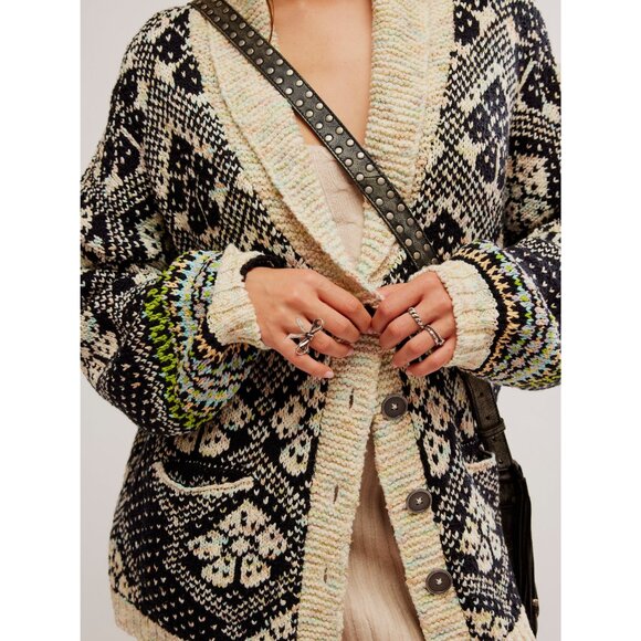 Free People Black and Cream Patterned Cardigan - Picture 2 of 11